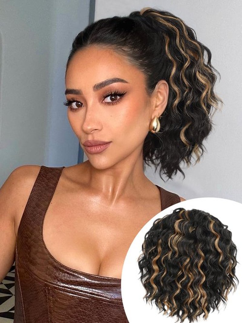 Isaic Ponytail Extension 8Inch Short Wavy Curly Ponytails Drawstring Ponytail for Black Women Black Mixed Ginger Pony Tails Hair Extensions Synthetic Hairpiece for Daily Use