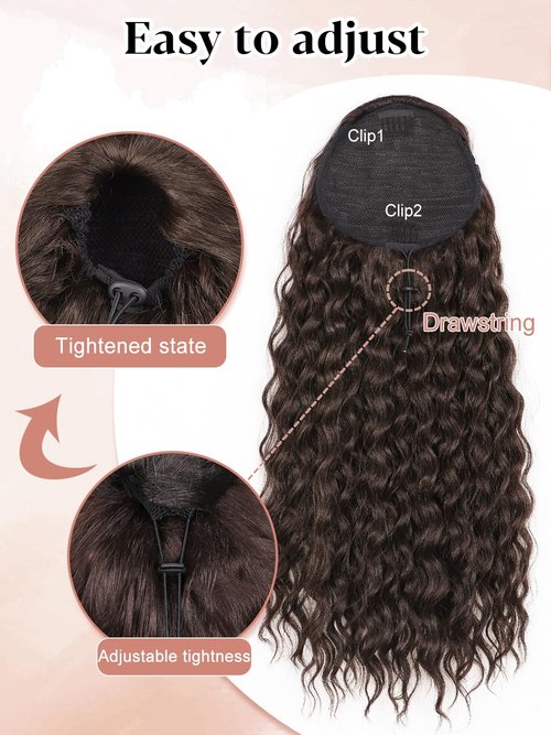 SUZYACCKR Wavy Curly Ponytail Extension, Dark Brown Short Soft Natural Synthetic Hairpiece Thick Drawstring Ponytail for Black Women For Daily Use（22 inch）