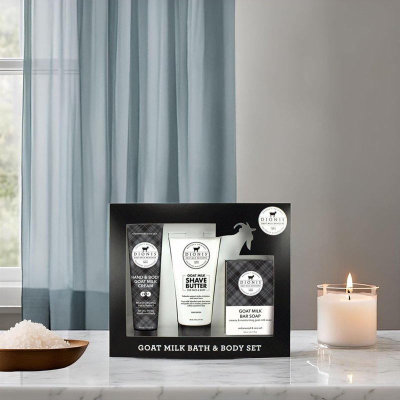 Dionis Goat Milk Shave Butter & Lotion Set | Cedarwood & Sea Salt, 3-Piece Gift Set