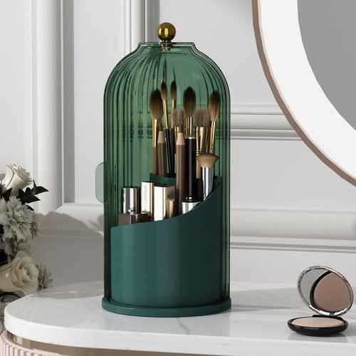 YOOLENS Makeup Brush Holder Organizer with Lid,360 Rotating Clear Dustproof Makeup Brushes Organizer for Vanity Desktop Bathroom Countertop, Green