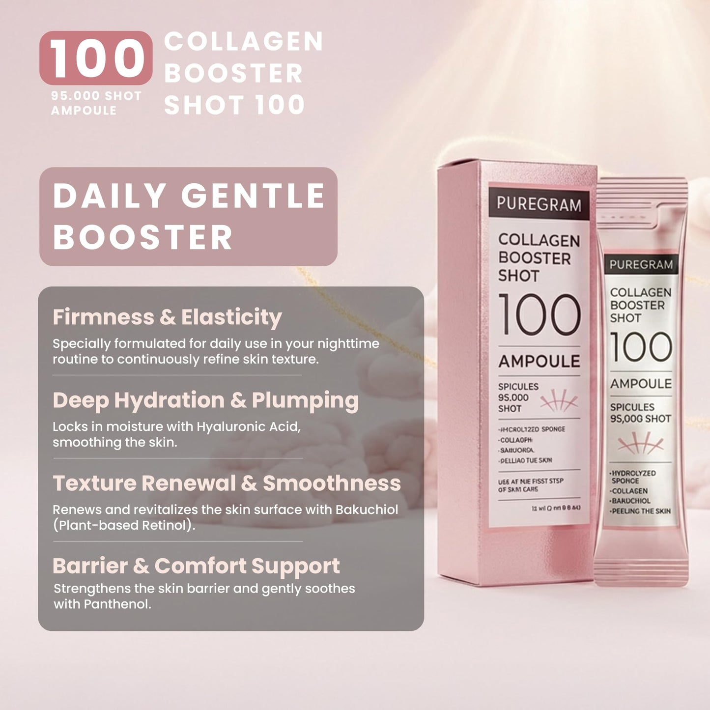 PUREGRAM Collagen Booster Shot 100 Ampoule, Daily Spicule Microneedling Collagen Serum for Skin Texture, Elasticity Look & Healthy Glow with Bakuchiol, Korean Skincare (0.07 fl oz x 6)
