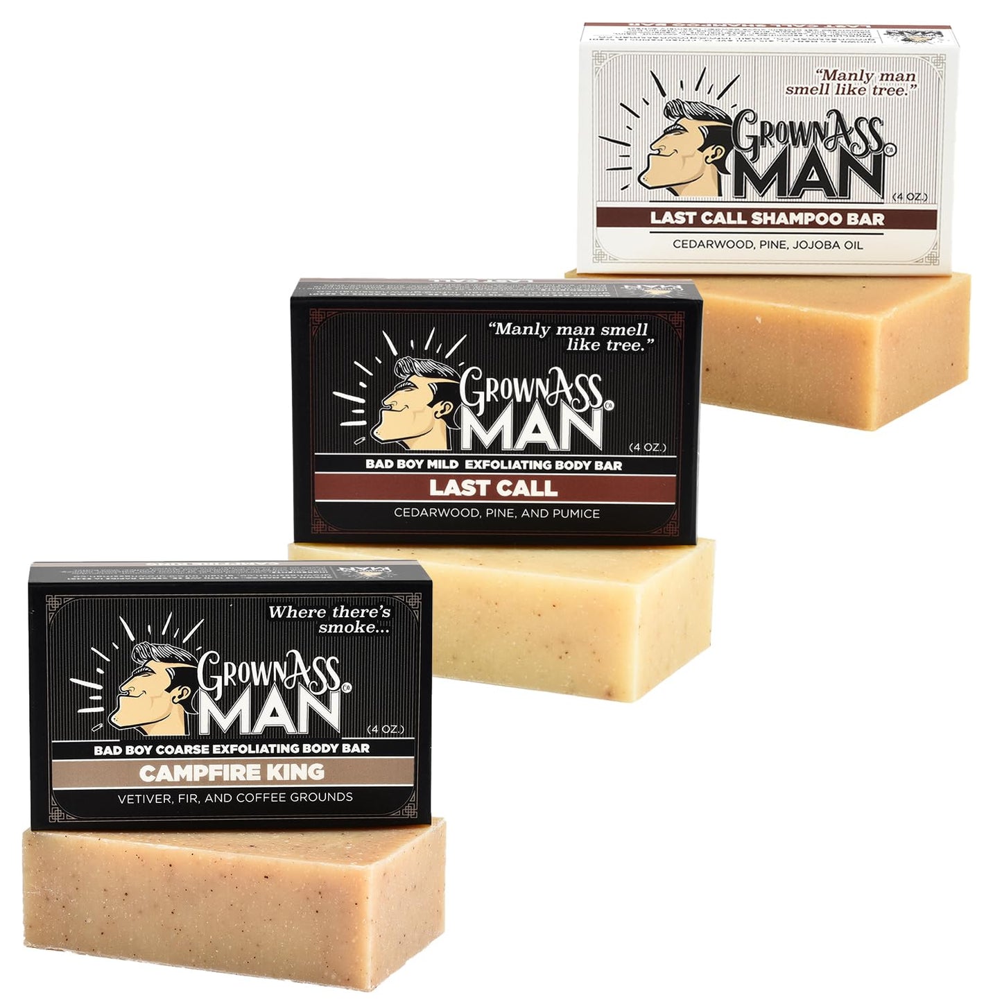 Grown Ass Man Co. Combo Packs - Solid Soap & Shampoo Bars Rich Lather with Natural Oils & Gentle Scrub for Men - Plastic Free & Eco-Friendly, Natural & Organic Deep Clean, 4oz Bars (Woodsman 3-Pack)