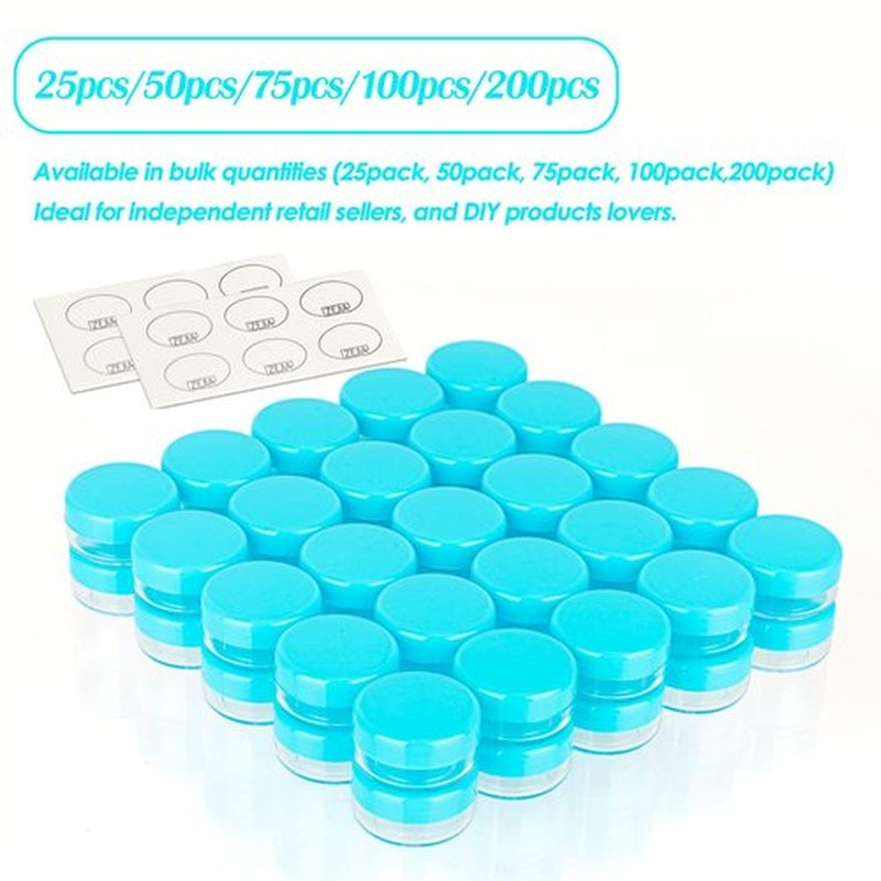 ZEJIA 3 Gram Sample Containers with Lids, 75Pack Tiny Sample Jars with Labels, Mini Plastic Cosmetic Containers for Beauty Products, Lip Balms, Lotion, Powder (Blue Lids)
