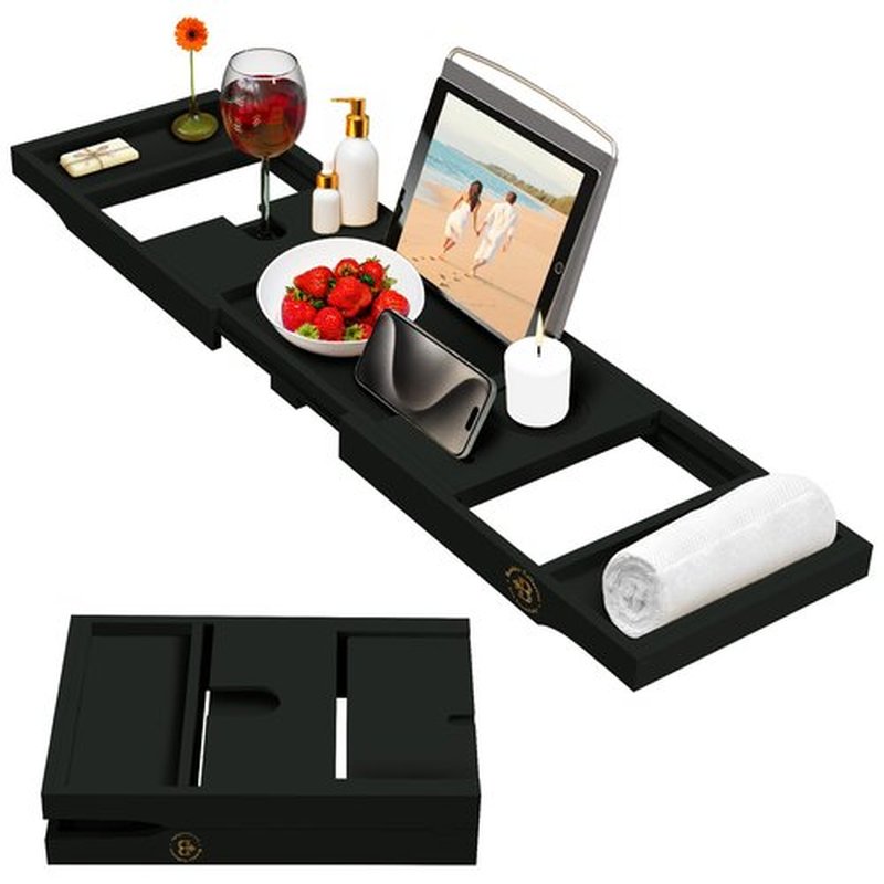 Bambüsi Bathtub Tray Table - Adjustable Bamboo Bathtub Caddy - Space-Saving Folding Bath Tub Tray - Wood Bathtub Accessories - Unique for Women or Men (Black)