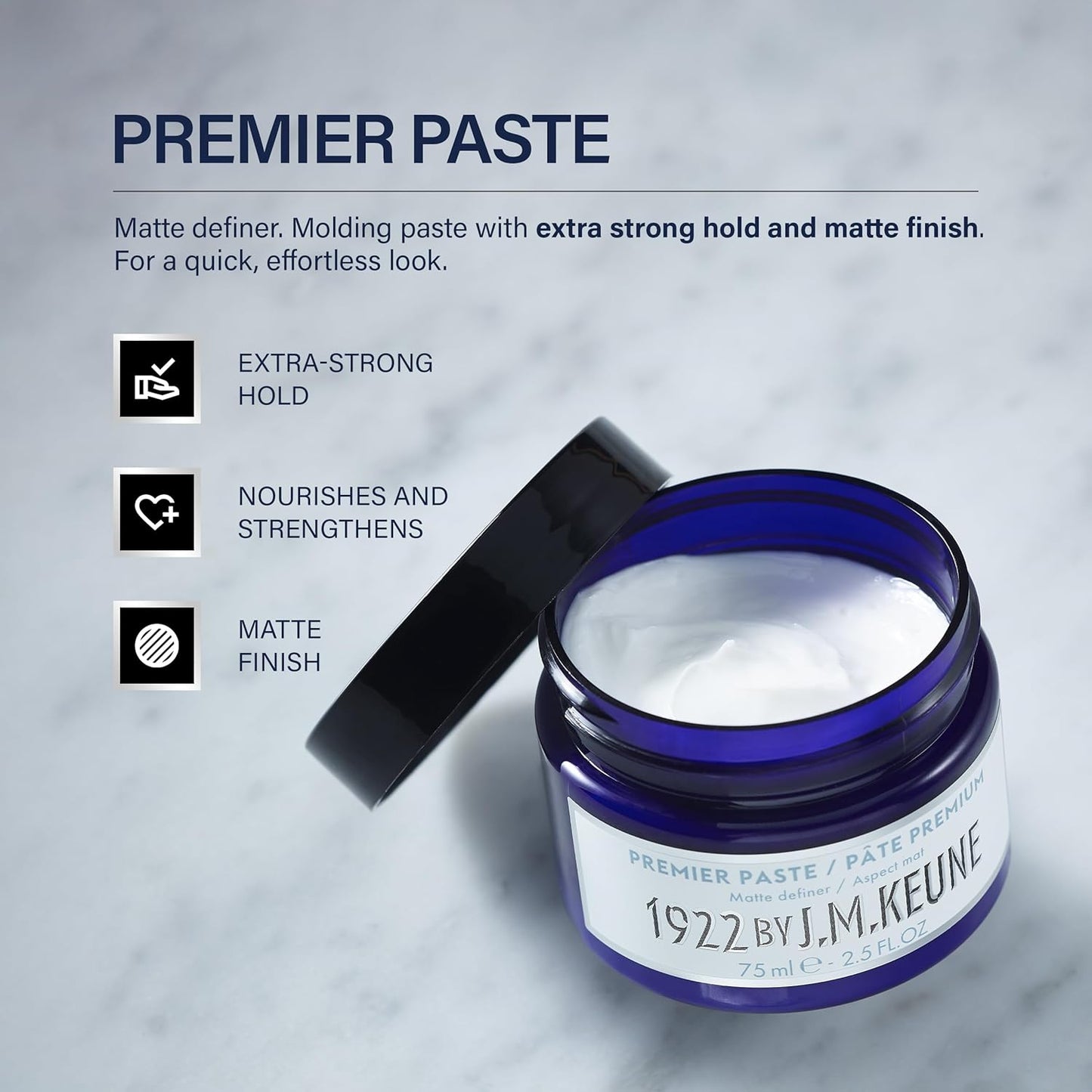 1922 by J.M. Keune Premier Paste, Extra Strong Hold & Matte Finish Styling Paste for Men, 2.5 Fl Oz