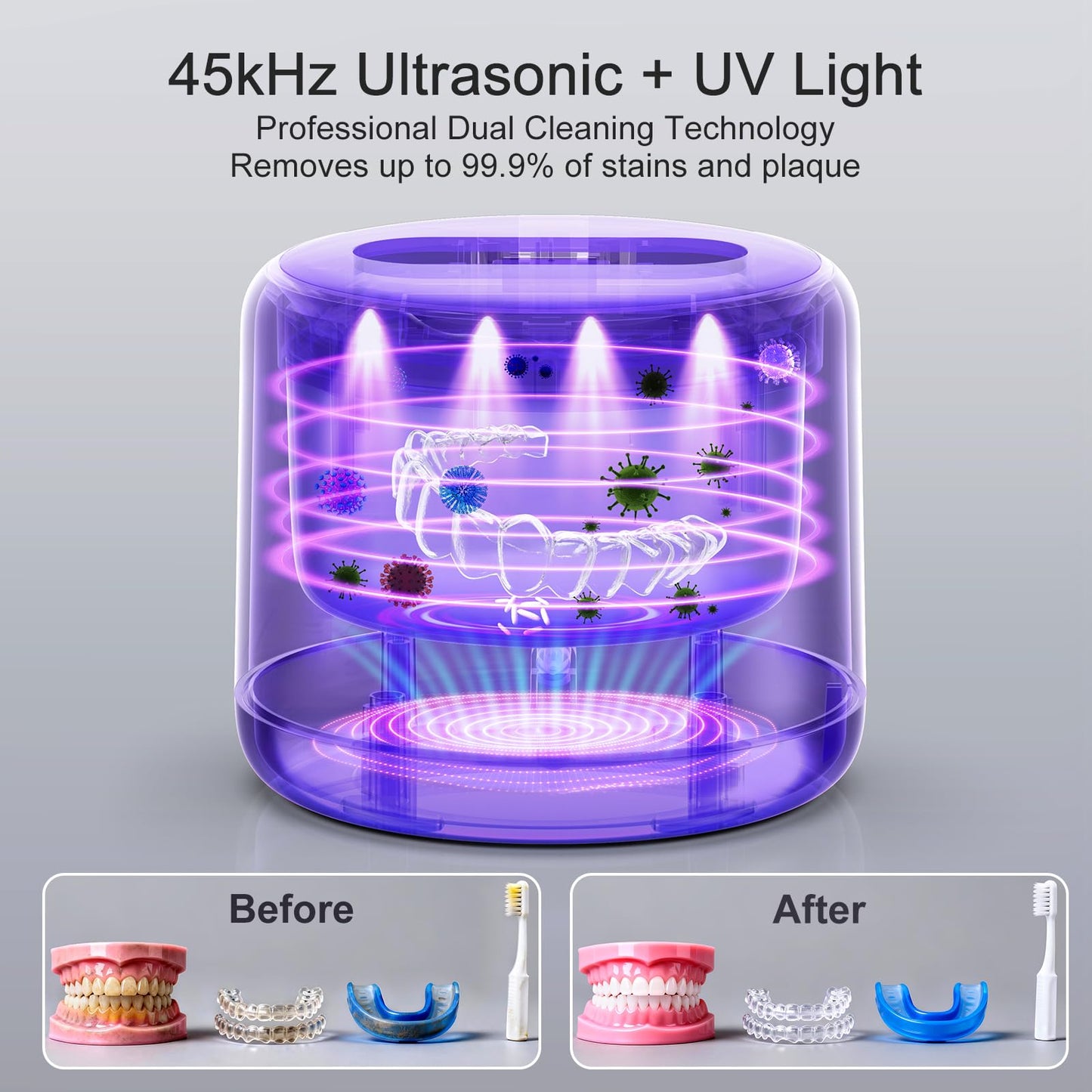 AOLVI Ultrasonic Retainer Cleaner Machine, IPX6 Waterproof Denture Cleaner, 3 Modes Dental Cleaning Pod with RGB Indicator, 45kHz Mouth Guard Cleaner with UV Light, 200ML Tank, White