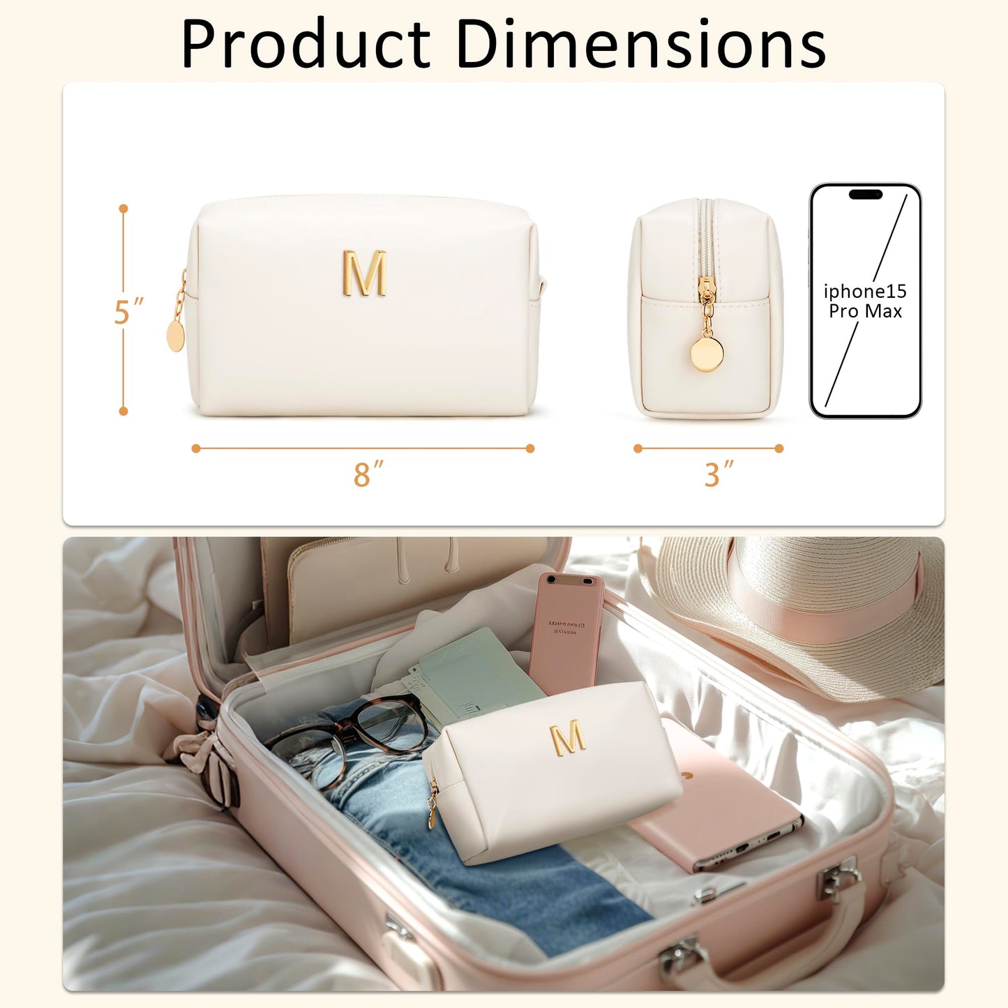 CLOUDWINGS Gifts for Women Bridesmaid Gifts Personalized Initial Makeup Bag PU Leather Cosmetic Waterproof Travel Toiletry Bag (Beige M)