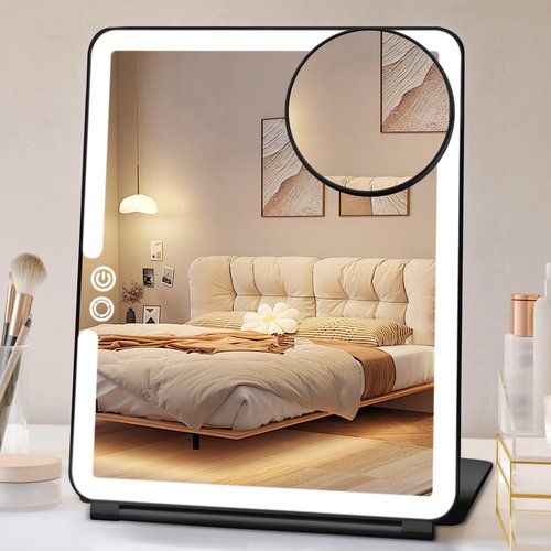 FUNTOUCH 10x7.5 Portable Large Travel Makeup Mirror with Light, 1800mAh Rechargeable Lighted Travel Makeup Mirrors with 3 Color Lights, Dimmable Folding Light Up Make up Mirror with Small 10x Mirror