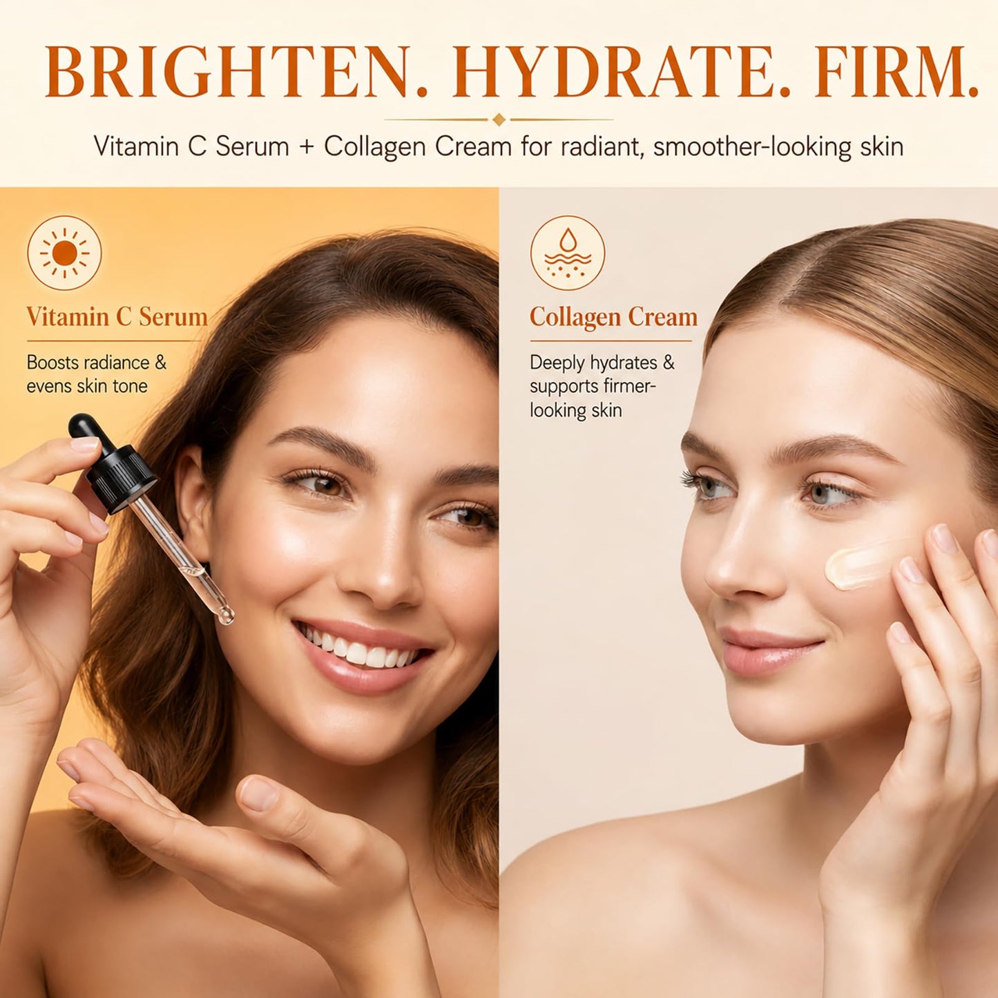 Vitamin C Serum & Collagen Face Cream Set for Face, 2-Step Skincare