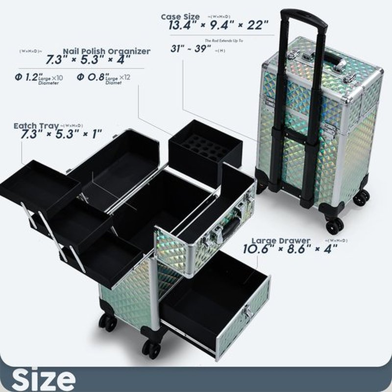 Hododou Rolling Makeup Case with Drawer Travel Trolley Cosmetology Case on Wheel Makeup Storage Salon Barber Case Traveling Cart Trunk for Cosmetologist Nail Tech Hairstylist - Blue
