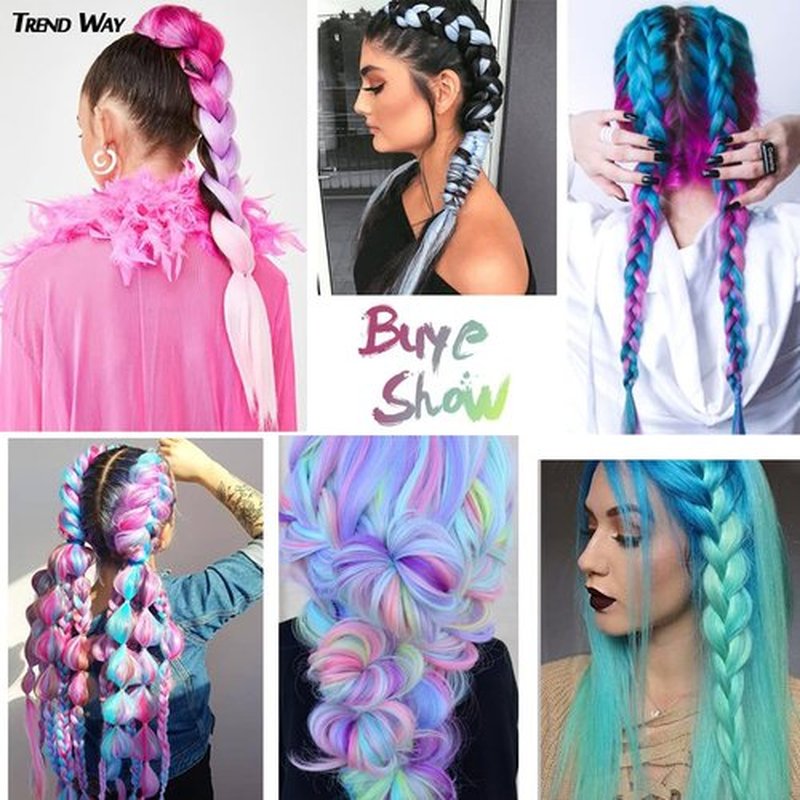 Braiding Hair 24 inch Fiber Mix Four Colorful Pre Stretched Hair Extensions Rainbow Colors Synthetic Hair Blue- Purple-Pink Soft Healthy Wig For Daily Party (24 Inch, Pack of 8)