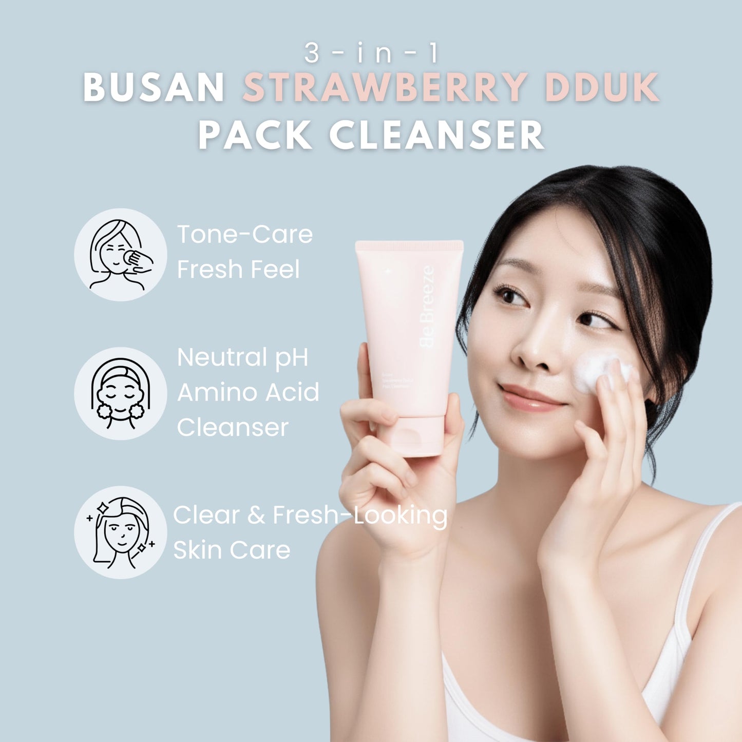 BeBreeze Busan Strawberry Dduk Pack Cleanser – 3-in-1 Korean Pack & Foam Wash with Rice & Strawberry Powder – Hydrating Neutral pH Amino Acid Wash – Vegan K-Beauty Facial Cleanser, 4.23 oz