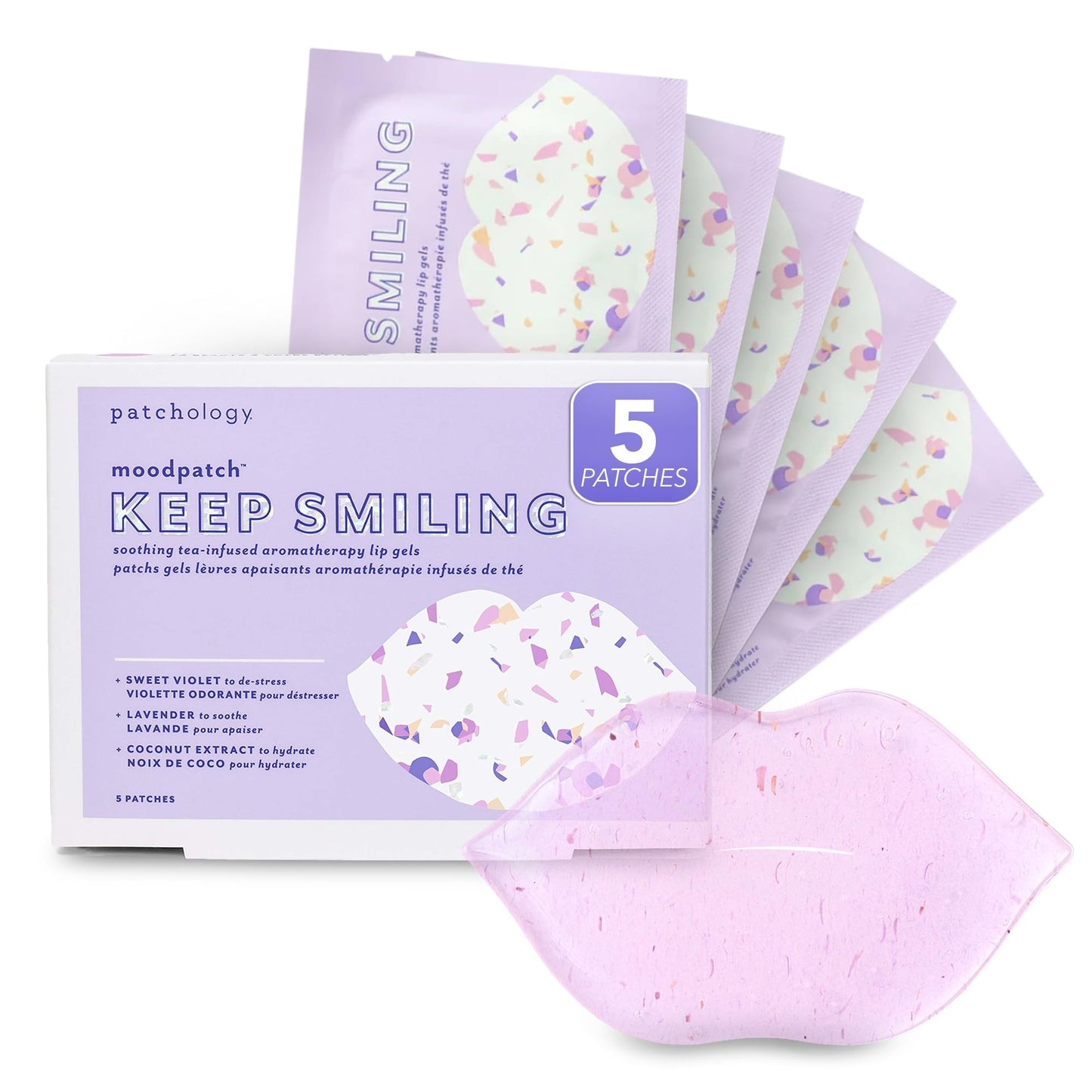 Patchology Moodpatch Keep Smiling Lip Mask - Hydrating gels with Sweet Violet, Lavender Petal & Coconut Extract for Soothing Aromatherapy - Moisturizing, Lip Primer - Ideal Bridesmaid Gifts - 5 Count