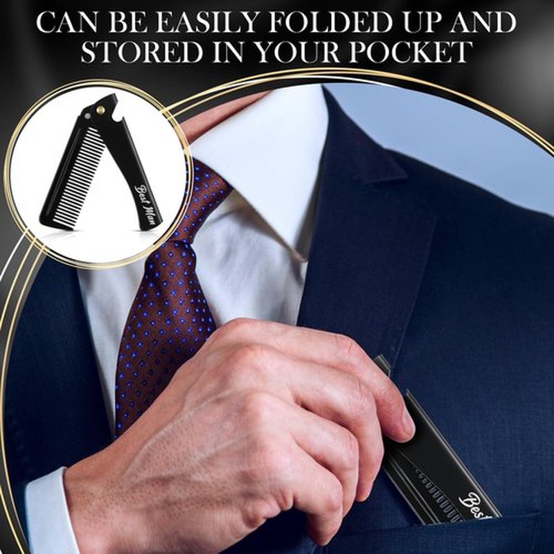 Lineshading 6 Pcs Folding Beard Comb for Men Groomsmen Gift Best Man Gift Pocket Combs Bulk Hair Mustache Comb for Grooming Detangling Wedding Favor Gift (Black,Stainless Steel)