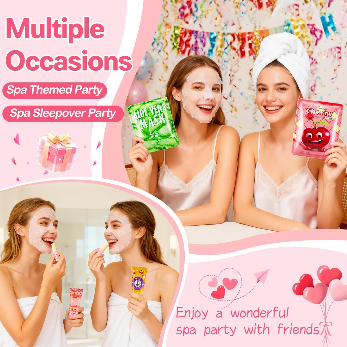 100PCS Spa Party Supplies for Girls, Sleepover & Slumber Party Supplies for Girls, Include Facial Masks, Hand Cream, Lip Balm, Under Eye Patches, Lip Mask, Spa Birthday Party Favors for Women