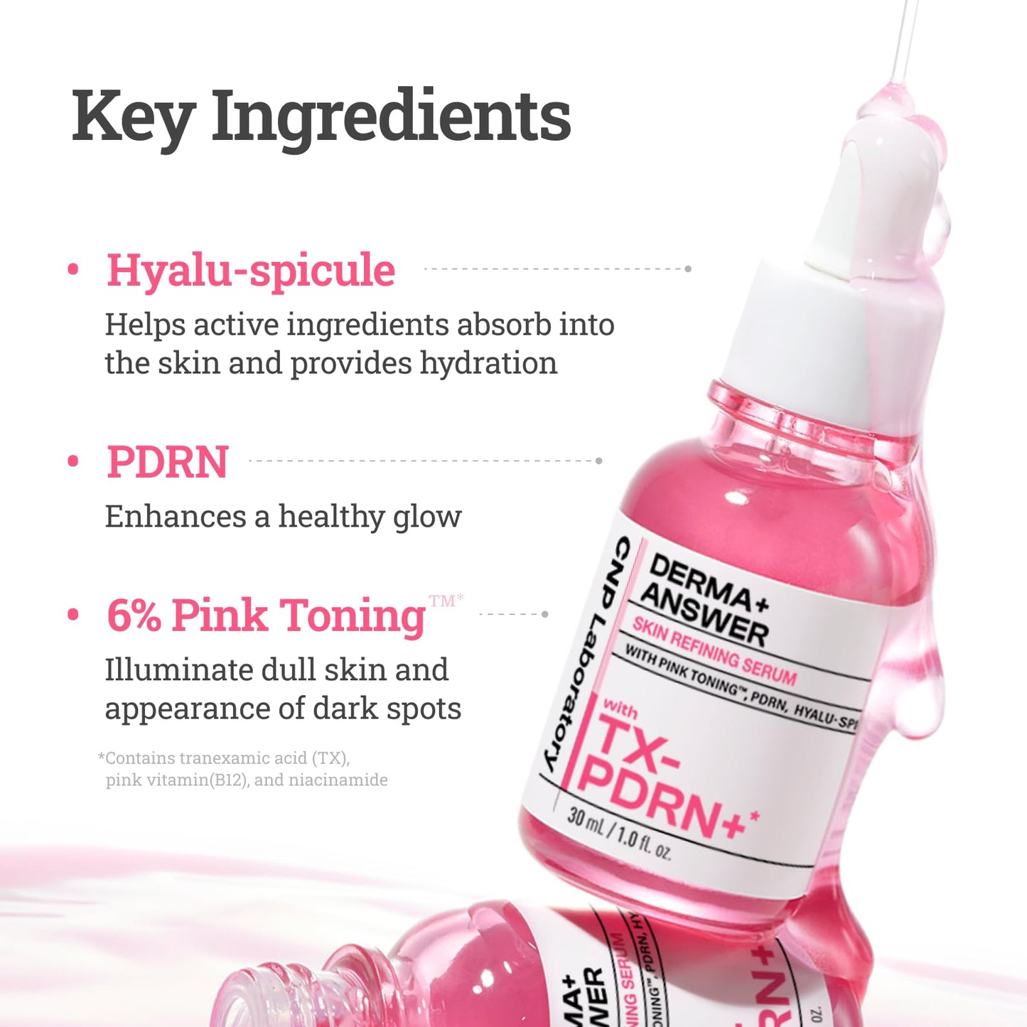 CNP PDRN + Tranexamic Acid Serum, Pink Toning Skin Booster, Niacinamide & Micro-spicules, for Glass Skin, Korean Skin Care, 1. 01 fl. oz. (Pink)