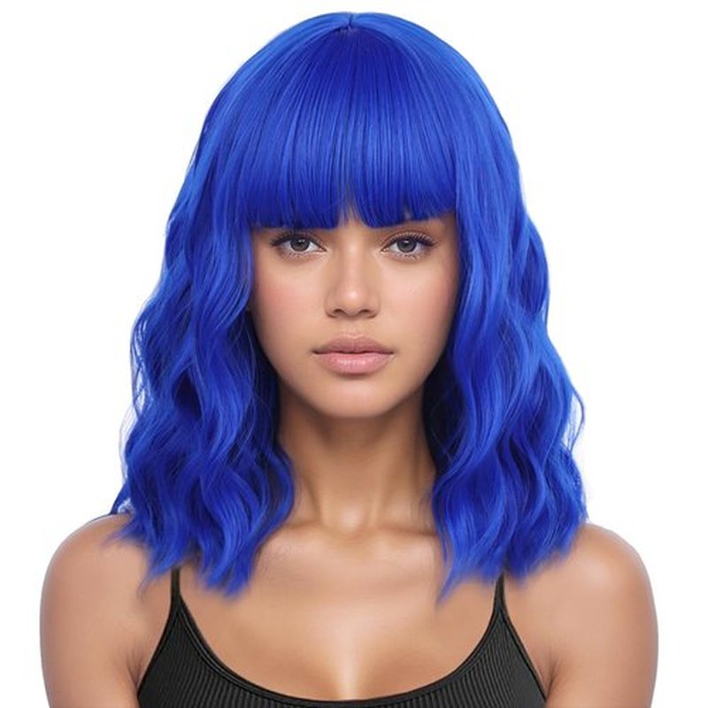 BERON 14 Inches Dark Blue Wig Short Curly Wig Women Girl's Synthetic Wig Blue Wig with Bangs Wig Cap Included