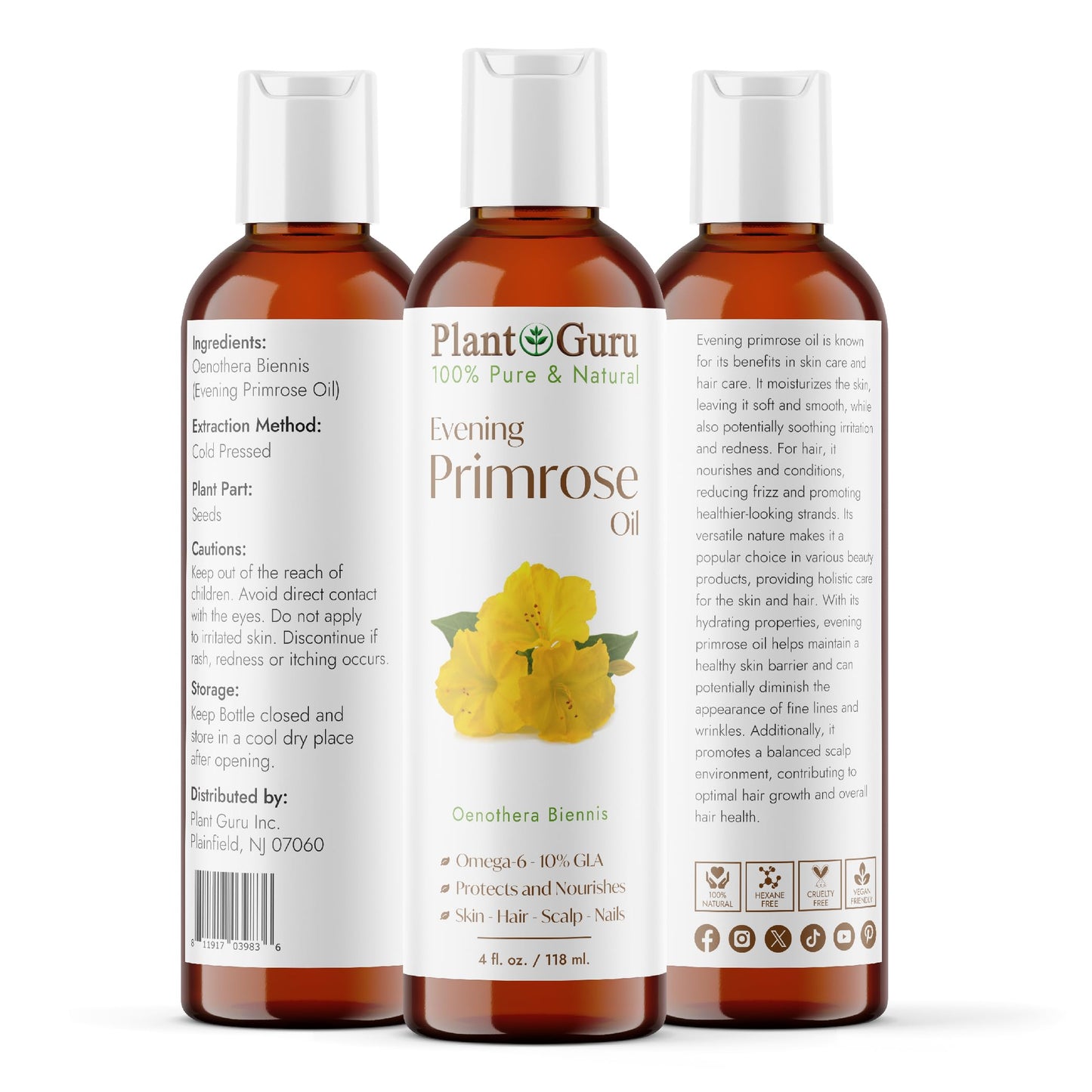 Evening Primrose Oil 4 fl. oz. Cold Pressed 100% Pure Natural Carrier - Skin, Face, Body and Hair Growth Moisturizer. Great for DYI Soap Making, Creams, and Lip balms.