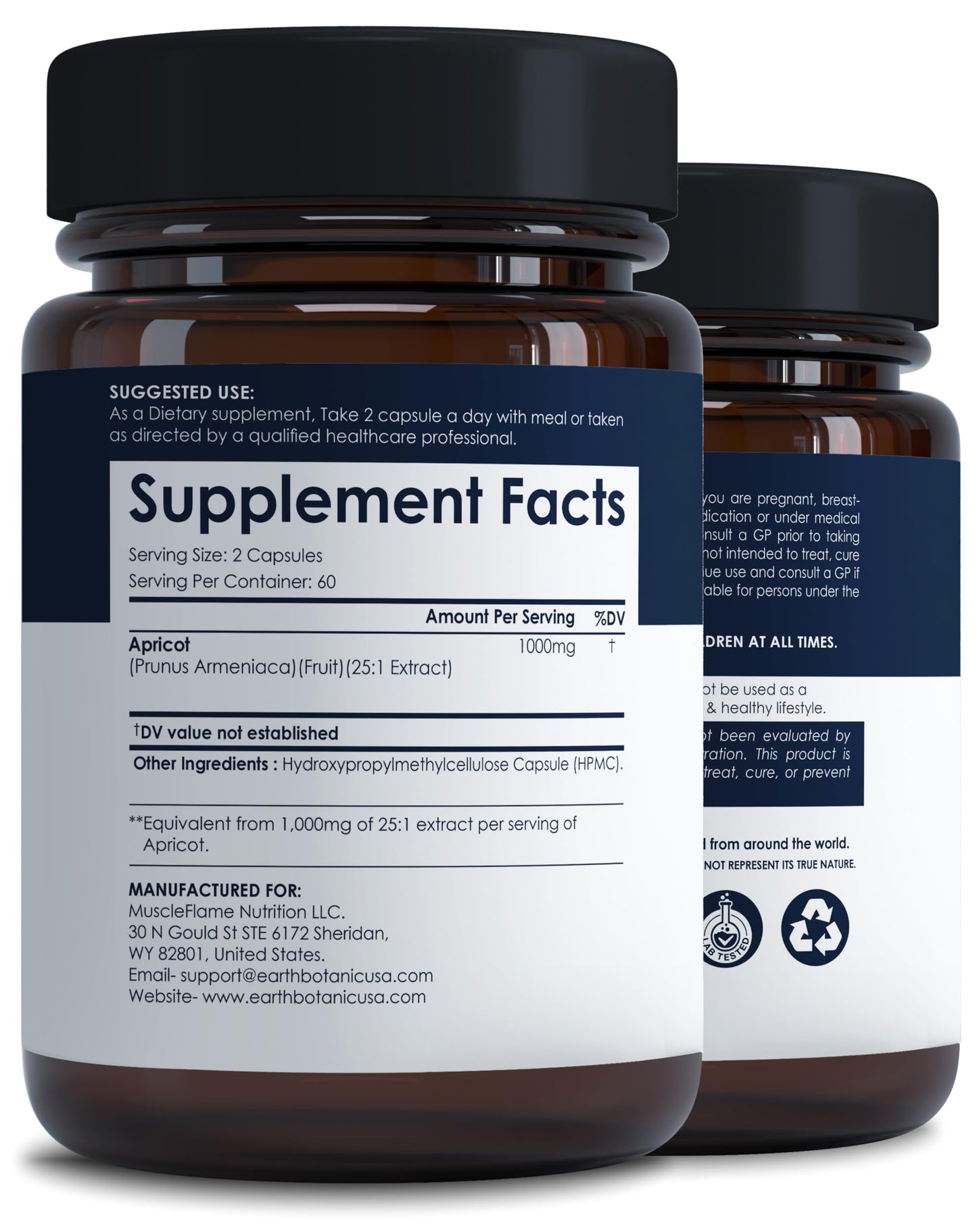 Earth BOTANIC Organic Apricot Extract, 1000 mg 120 Veggie Capsules (Vegan, Non-GMO) Herbal Supplements
