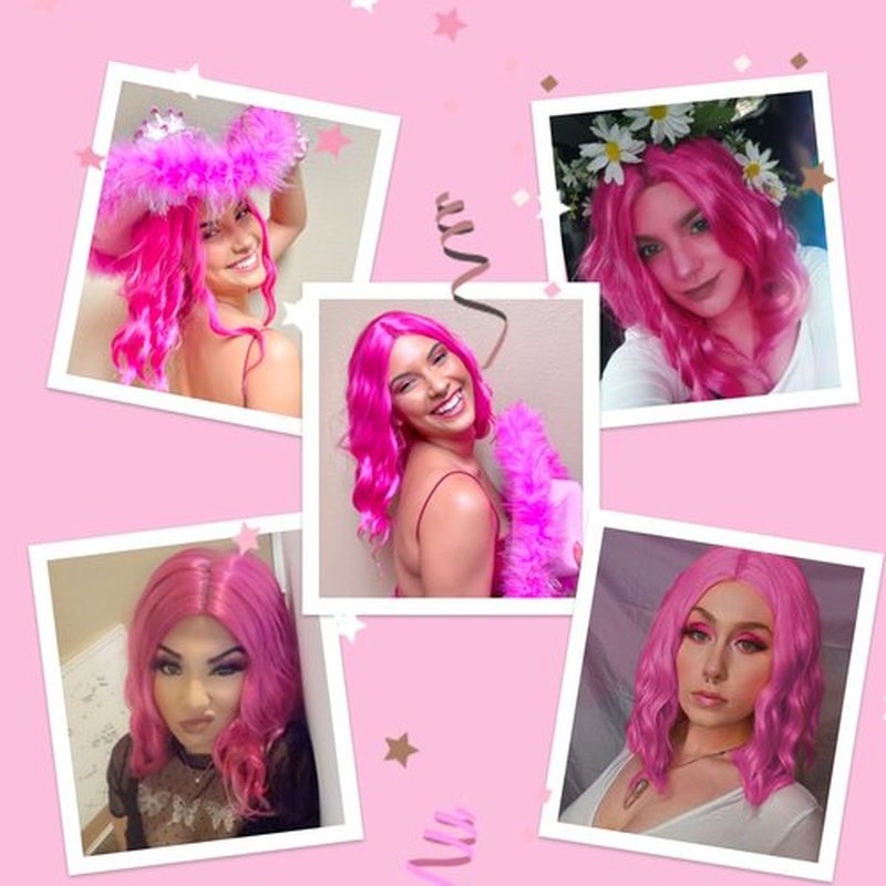 BEAUTIFA Hot Pink Wig for Women Wavy Curly Pink Bob Wigs Middle Part 14 Inch Shoulder Length Heat Resistant Synthetic Colorful Wig