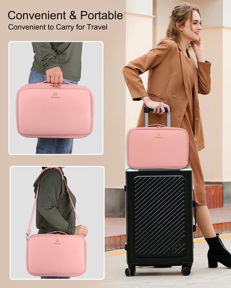 Relavel Makeup Bag with LED Mirror, Makeup Case with Lighted Mirror, Large Capacity Travel Cosmetic Train Case Organizer Box for Women, Dividers and Rechargeable Vanity Mirror (Pink)
