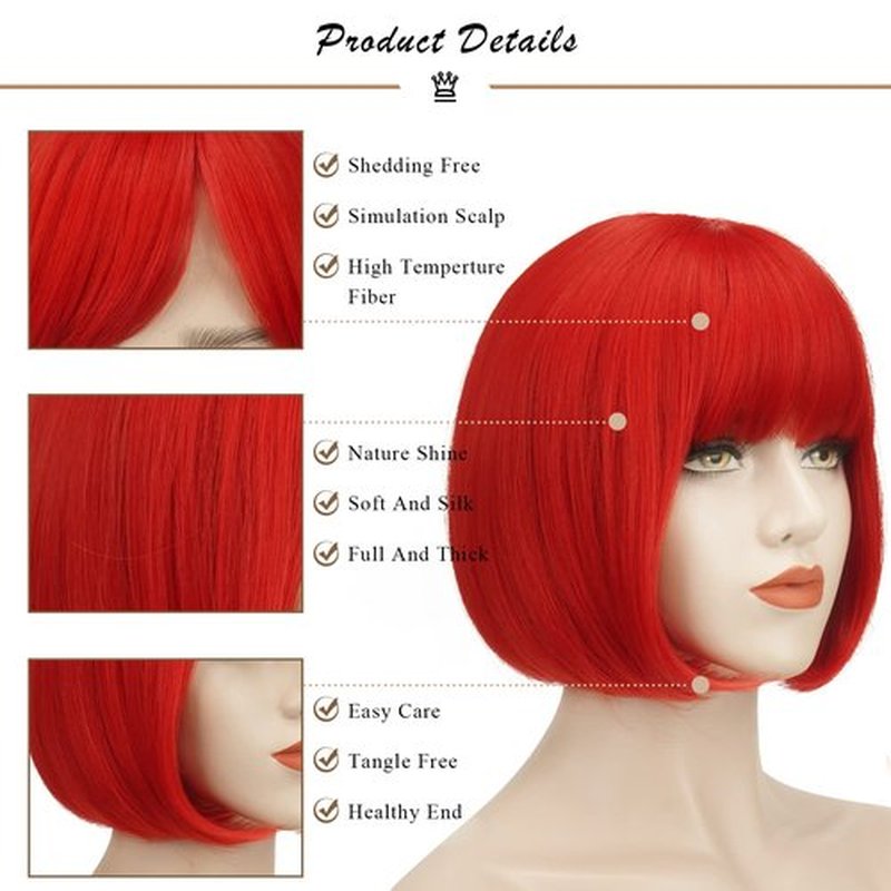 SOFEIYAN Short Straight Bob Wigs with Bangs 11 inch Synthetic Daily Party Cosplay Hair Wig for Black Women, Red