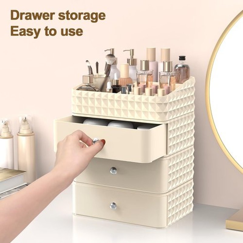 Rosoenvi Makeup Organizer for Vanity, Stackable Cosmetics Organizer and Storage, Cosmetic Display Cases with 3 Drawers and 1 Tray for Makeup Brush, Hair Accessories, Lipstick and Jewelr, Beige