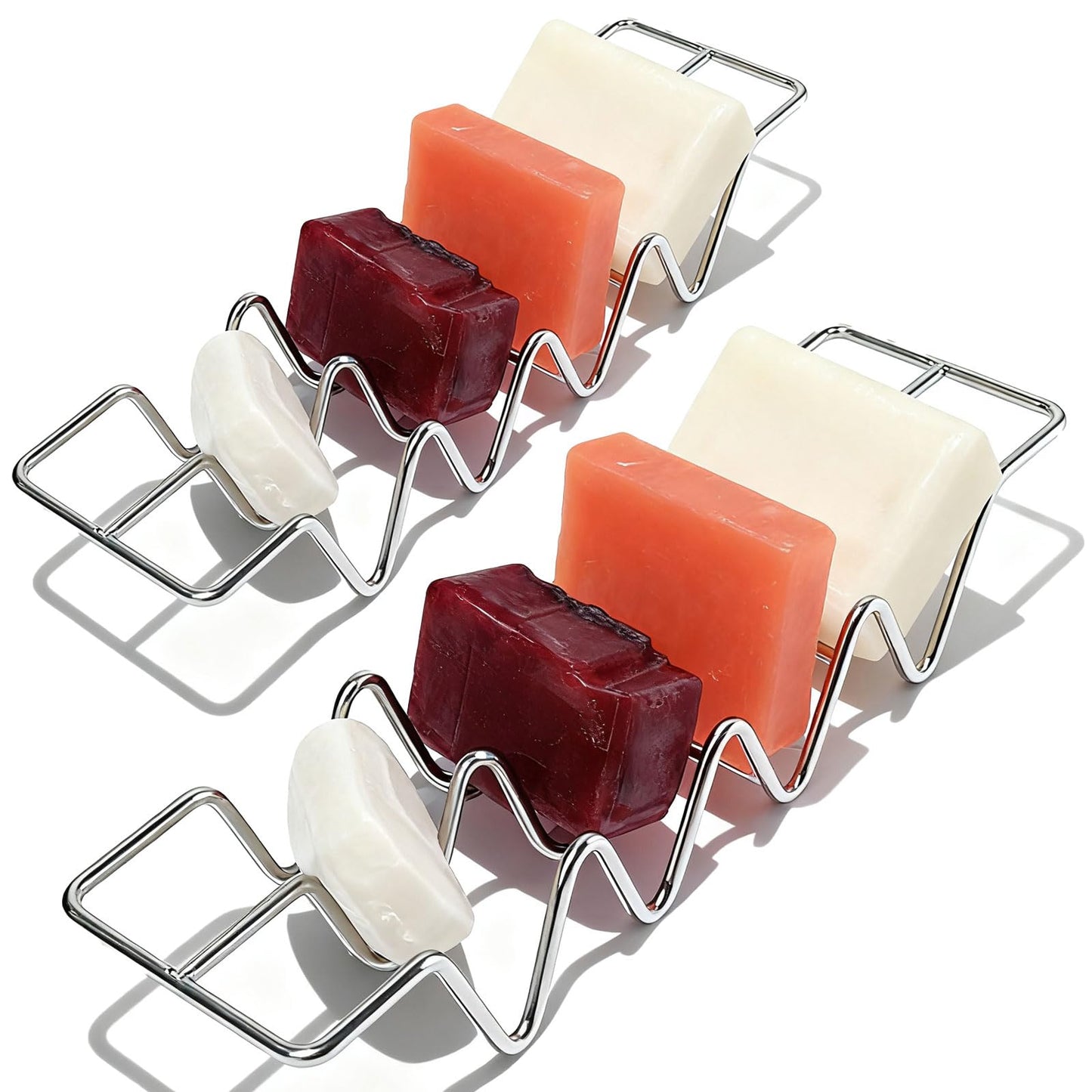 4 Tier Soap Bar Holder, 304 Stainless Steel Soap Dish for Bathroom, Shampoo Bar Dish Rack, Sponge Rack for Kitchen Sink (2PCS-Silver)