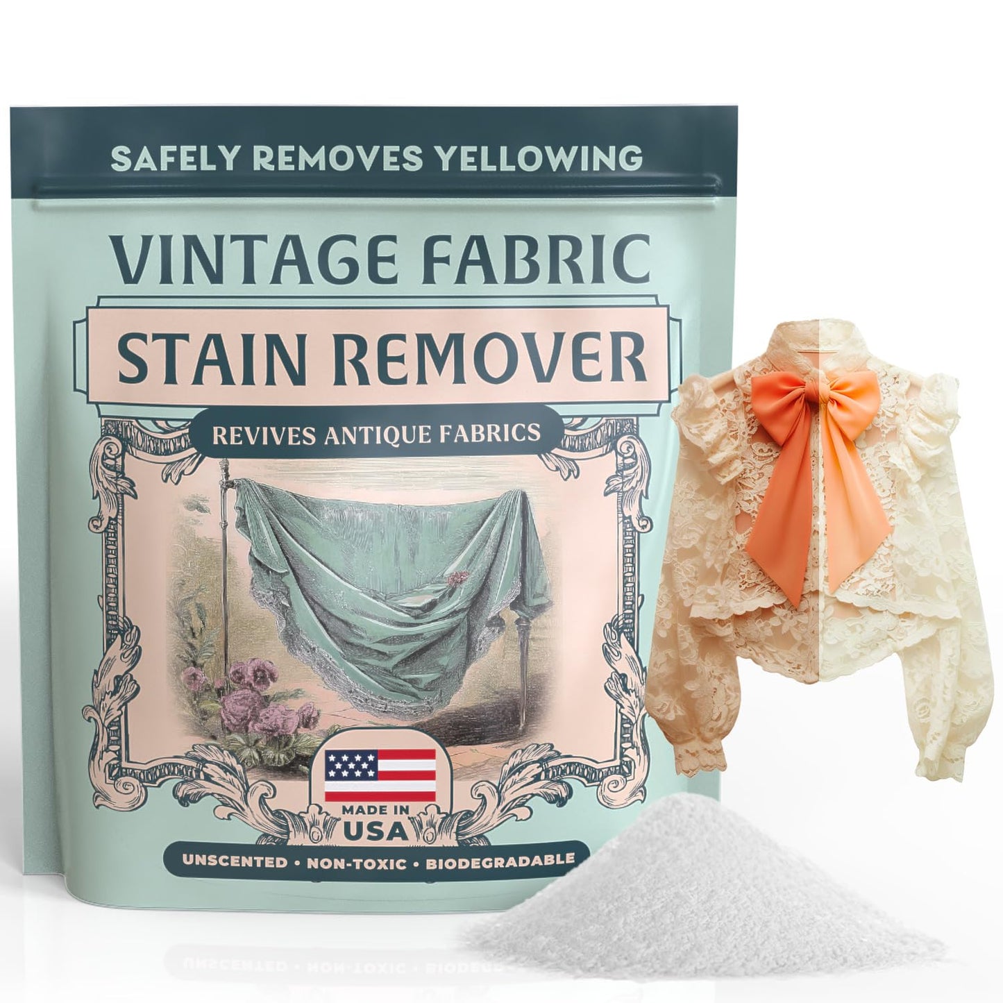 Vintage Fabric Stain Remover - Safely Cleans Retro & Antique Textiles - Made in the USA - Gently Removes Yellowing & Tough Stains From Vintage Linens, Quilts, Dresses, Doilies (Pack of 1)