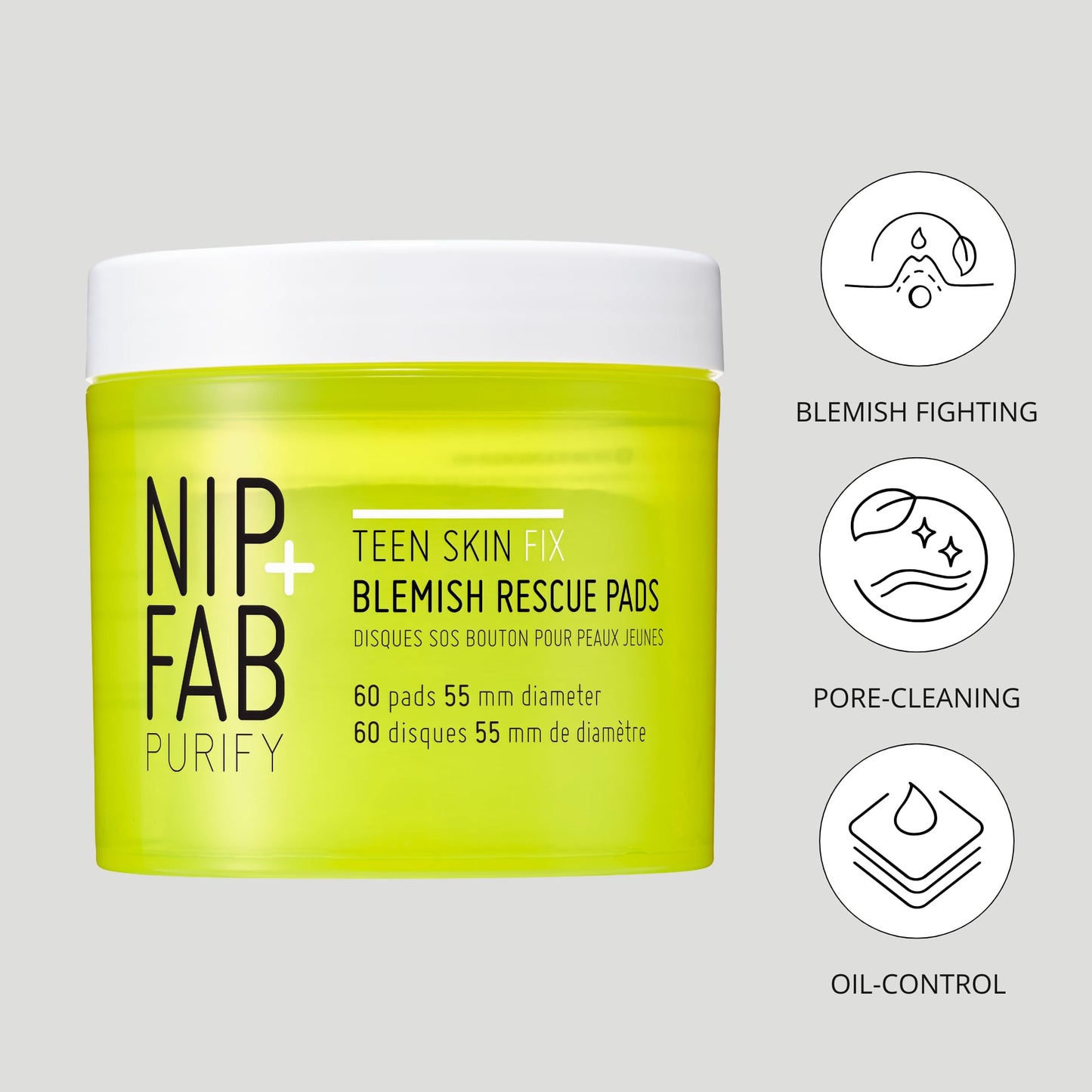 Nip + Fab Teen Skin Fix Zero Breakout Rescue Face Pads with Salicylic Acid, Witch Hazel and Antioxidant Wasabi Extract, BHA Facial Pad for Cleansing Pores Prevent Breakouts Blemishes, 60 Count