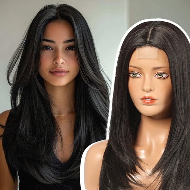 EMMOR Long Layered Wigs,Natural Central Lace Bob, Premium Heat-Resistant Synthetic Straight Wigs for Women Daily Use(Natural Black)