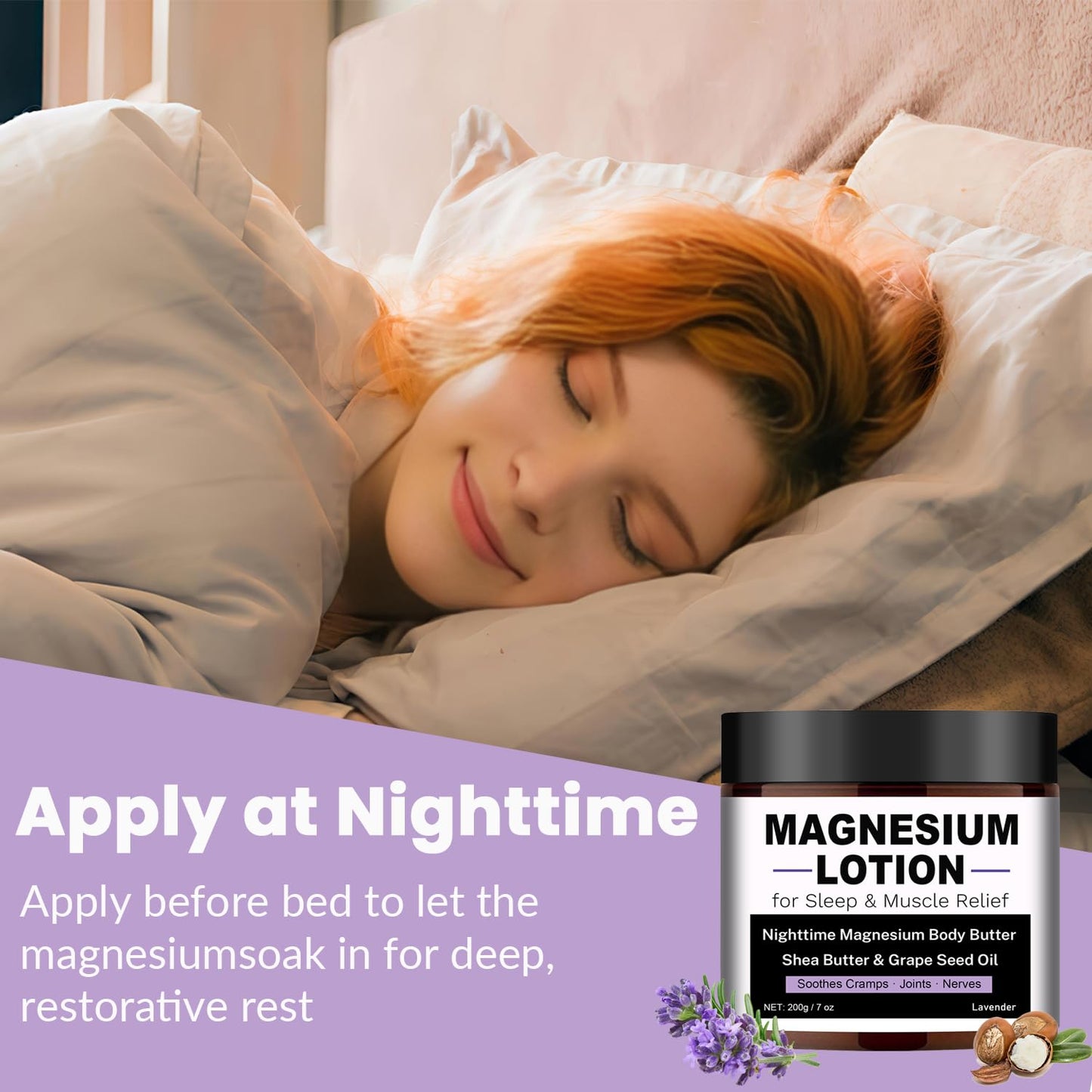 Magnesium Lotion for Sleep & Muscle Relief - Nighttime Magnesium Body Butter with Lavender, Shea Butter & Grape Seed Oil - Soothes Cramps, Joints & Nerves - Skin-Friendly & Kid-Safe, 7 oz
