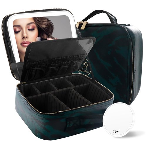 MOMIRA Makeup Train Case Makeup Bag with Light up Mirror Cosmetic Bag Organizer Detachable Portable Travel Makeup Case with Adjustable Dividers Makeup Brushes Storage, Waterproof,Zebra-Green