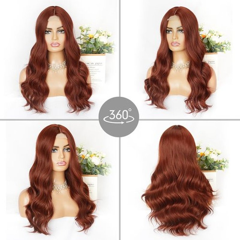 Long Auburn Wavy Wigs for Women 24 inch Copper Red Wig Natural Hair Synthetic Wig Middle Part Curly wig Heat Resistant Fiber Wigs for Daily Party Use