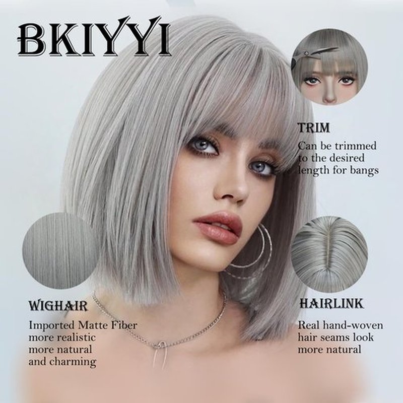 Gray Bob Wig with Bangs Short Gray Straight Wig for Women Heat Resistant Synthetic Natural Hair Wig Colorful Bob Wigs for Grils Daily Party Halloween Cosplay Use 13inch