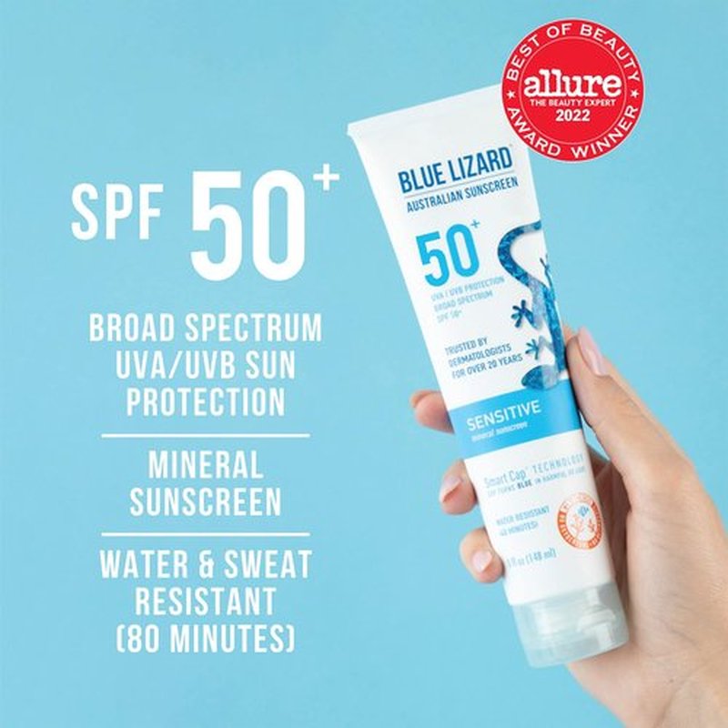 BLUE LIZARD Sensitive Mineral Sunscreen with Zinc Oxide 50+ Water Resistant UVAUVB Protection with Smart Cap Technology Fragrance Free, Sensitve, SPF 50 - - Tube, Unscented, 5 Fl Oz (Pack of 2)