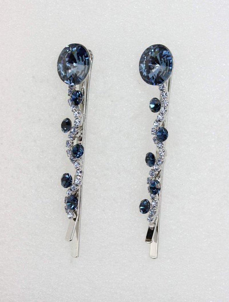 Faship A Pair Of Navy Blue Premium Rhinestone Crystal Floral Hair Clips 2 Pcs Pins - Navy Blue