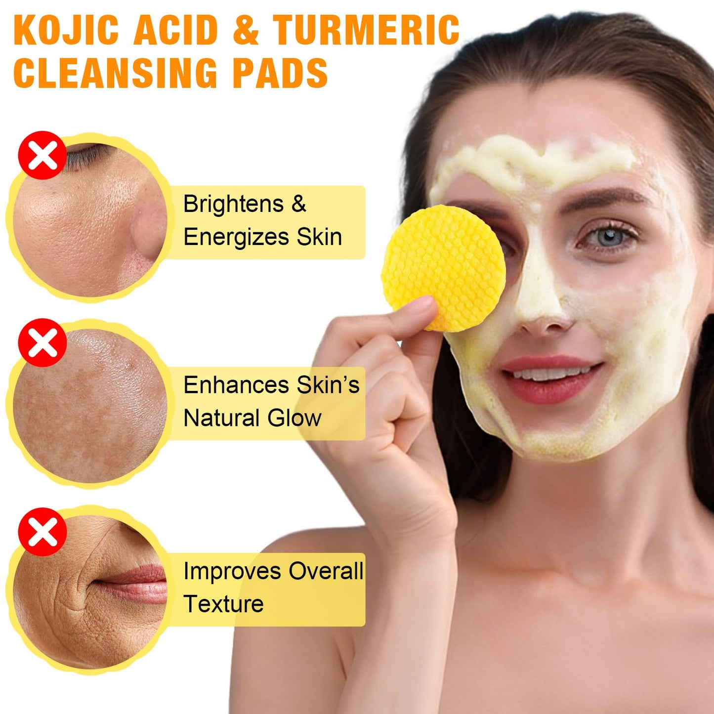 Turmeric Kojic Acid Vitamin C Exfoliating Pads - 50 Count for Oil Control, Hydration & Dullness Reduction - Face & Body Cleansing Pads
