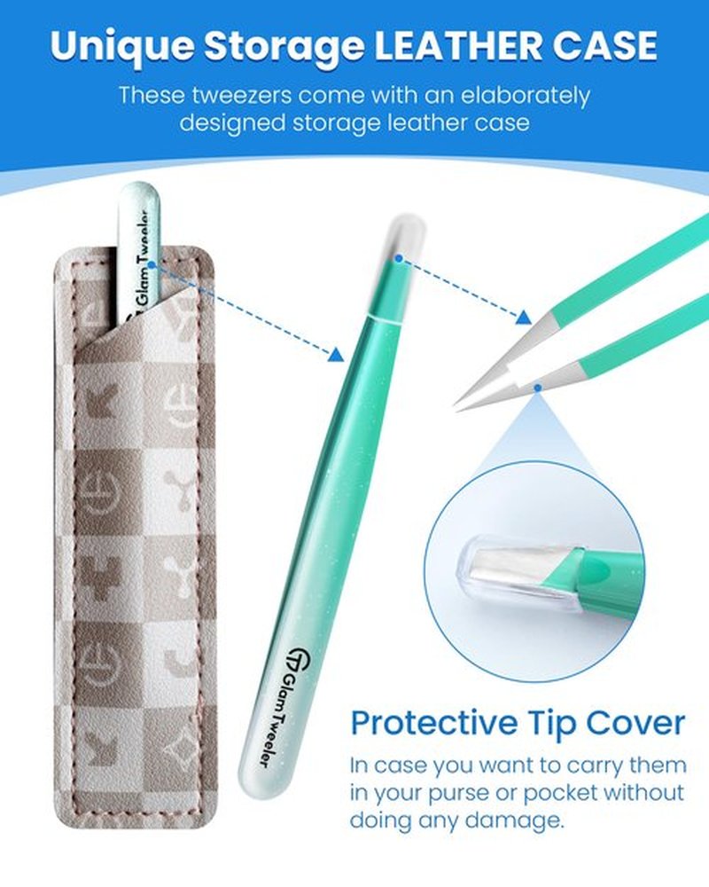 Expert Slant Tip Tweezers with Leather Case, GlamTweeler Sharp & Precision Stainless Steel Tweezer for Eyebrows, Facial Hair and Fine Hairs Removal (Sparkle Mint Green & Silver)