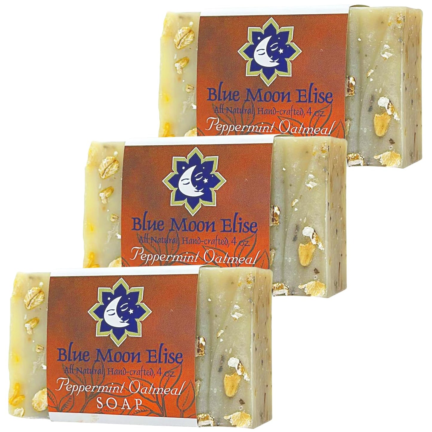 Blue Moon Elise All Natural Peppermint Oatmeal Soap Bars, Scented with Premium Essential Oils, Handmade in the USA, Moisturizing and Therapeutic for Face/Body, For Sensitive Skin (3 Pack)