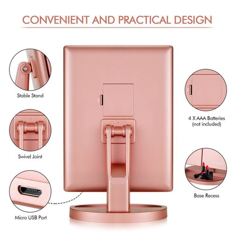 Flymiro Tri-fold Lighted Vanity Makeup Mirror with 3x/2x Magnification,21 LEDs Light and Touch Screen,180 Degree Free Rotation Countertop Cosmetic Mirror,Travel (Rose Gold)