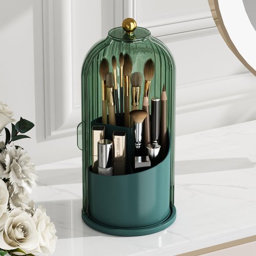 GAXmi Makeup Brush Holder with Lid Cosmetic Tools Organizer 360 Rotating Waterproof Dustproof Makeup Brushes Storage for Vanity, All Green