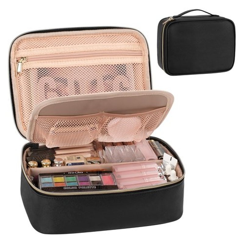 OCHEAL Makeup Bag, Potable Make up Bag Cute Makeup Organizer Bag for Toiletry Cosmetics Accessories with Divider and Brushes Compartments, Makeup Travel Case Cosmetic Bags Women and Girls- Black