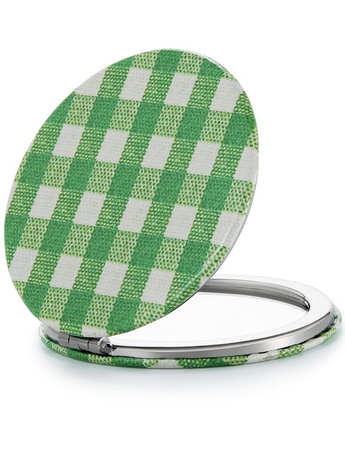 OMIRO 1X/10X(300R) Compact Magnifying Mirror, Unique Plaid Pattern Pocket Mirror with Classic PU Leather, Round, Green Plaid