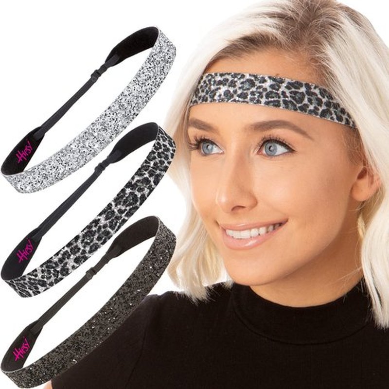 Hipsy Women's Adjustable Non Slip Cute Fashion Wide Bling Glitter Hair Headband 3-pack (Black/Cheetah/Silver)