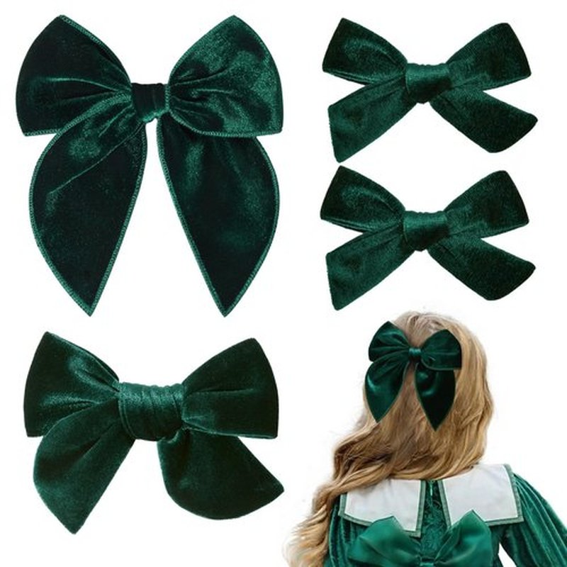 DEEKA 4 PCS Dark Green Velvet Hair Bows 3 Styles 5" & 4" Handmade Hair Bow set for Toddler Girls Alligator Hair Clips Knot Bows Hair Accessories for Little School Girls (Dark Green)