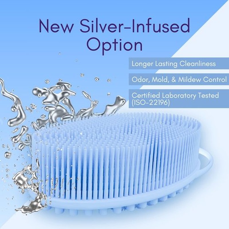 Avilana Silicone Exfoliating Body Scrubber – Dual-Sided Silicone Loofah for Shower, Body Scrubber for Men & Women, Gentle Loofa Alternative, Easy-to-Clean Silicone Body Scrubber (Blue with Silver)