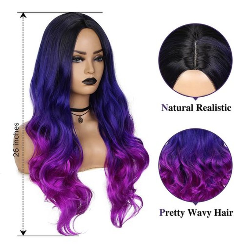 Fancy Hair Purple Long Curly Wavy Hair Wigs Heat Resistant 3 Tones Dark Roots Synthetic Daily Party Cosplay Wigs for Women 26" (1B to Blue Purple)