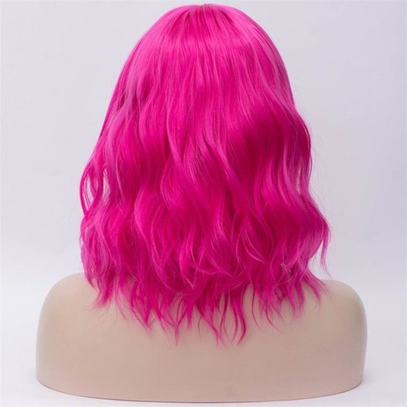 BUFASHION 14" Women Short Wavy Curly Wig Pink Bob Wig Cosplay Halloween Synthetic Wigs with Side Bang Wig (Pink)