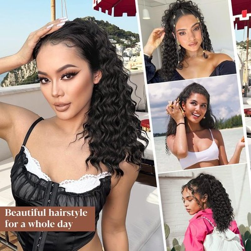 ALXNAN Wavy Curly Ponytail Extension, Long Soft 18" Black Brown Drawstring Ponytai for Black Women Natural Synthetic Hairpiece Thick For Daily Use